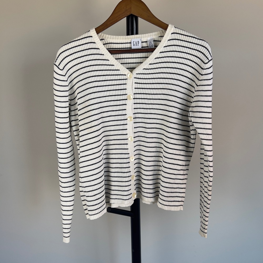 Gap Womens Medium Striped Ribbed V-Neck Cardigan Cream Black 100% Cotton 90s